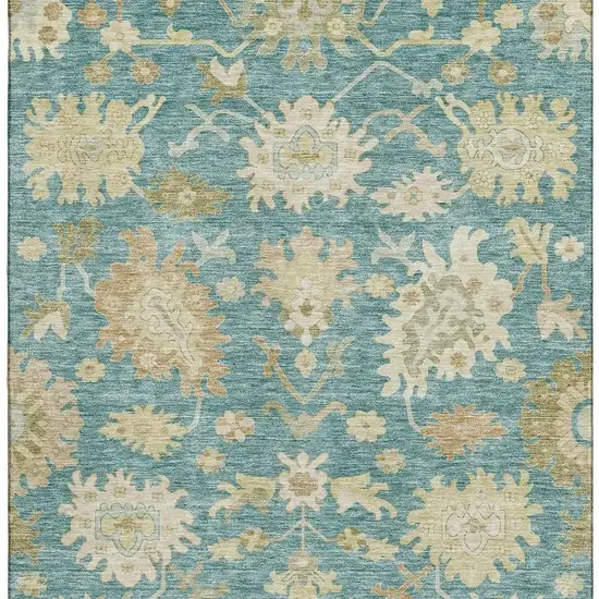 Teal Beige And Copper Floral Medallion Washable Area Rug With UV Protection Photo 5