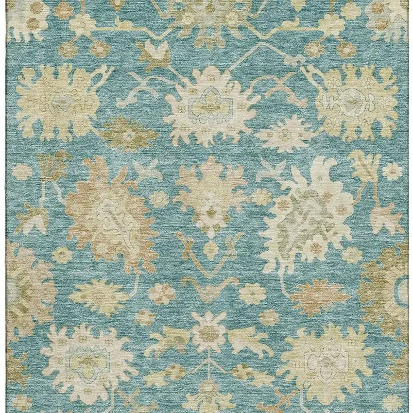 Teal Beige And Copper Floral Medallion Washable Area Rug With UV Protection Photo 5