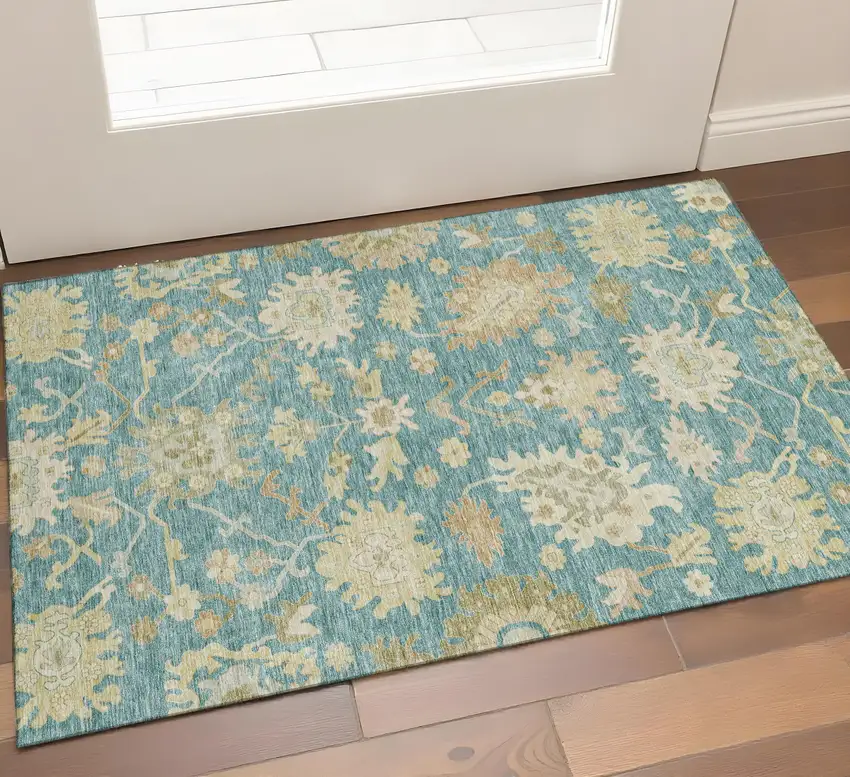 Teal Beige And Copper Floral Medallion Washable Area Rug With UV Protection Photo 1