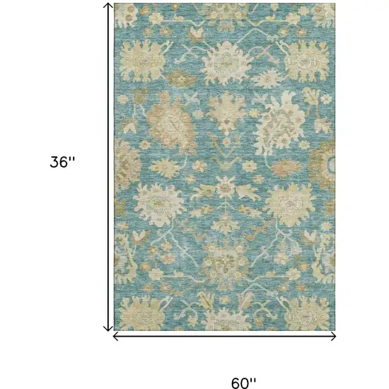 Teal Beige And Copper Floral Medallion Washable Area Rug With UV Protection Photo 3