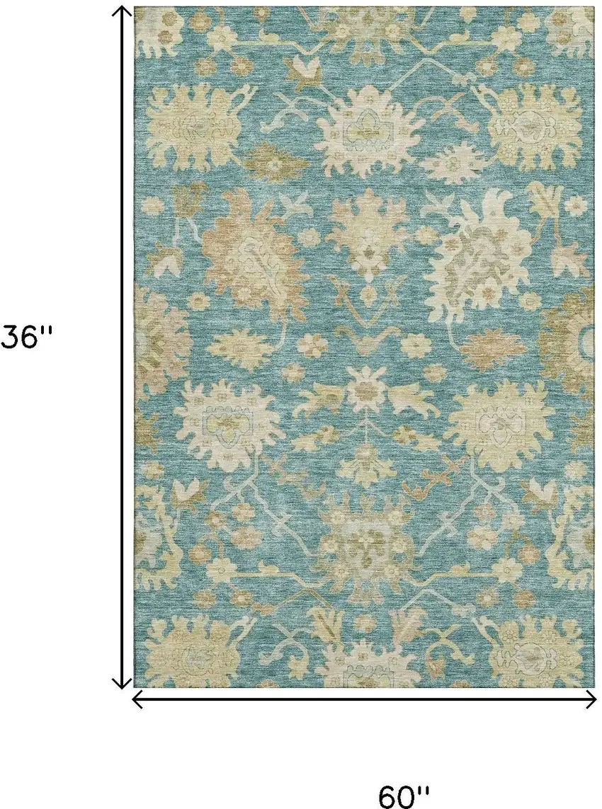Teal Beige And Copper Floral Medallion Washable Area Rug With UV Protection Photo 3