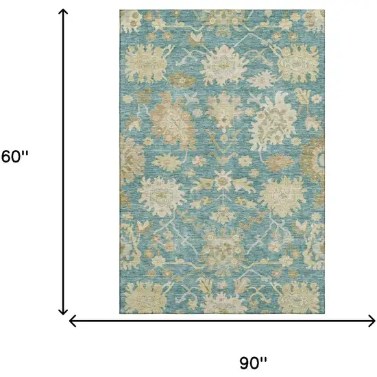 Teal Beige And Copper Floral Medallion Washable Area Rug With UV Protection Photo 4