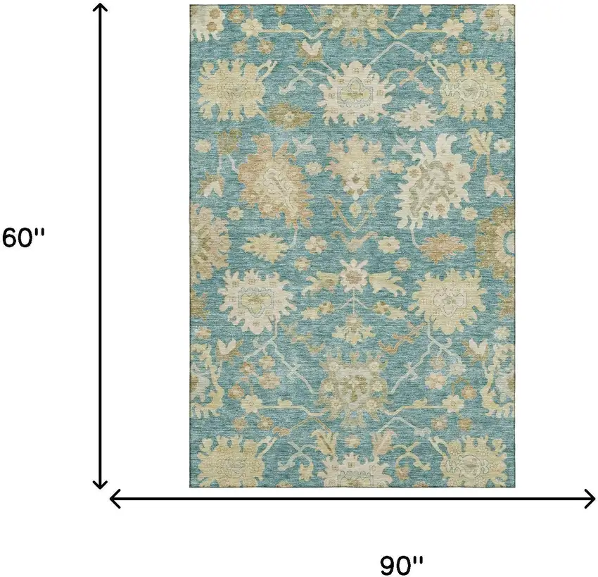 Teal Beige And Copper Floral Medallion Washable Area Rug With UV Protection Photo 4