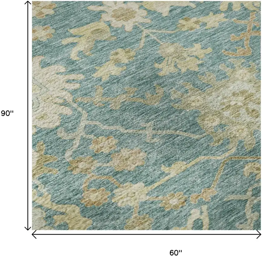 Teal Beige And Copper Floral Medallion Washable Area Rug With UV Protection Photo 8