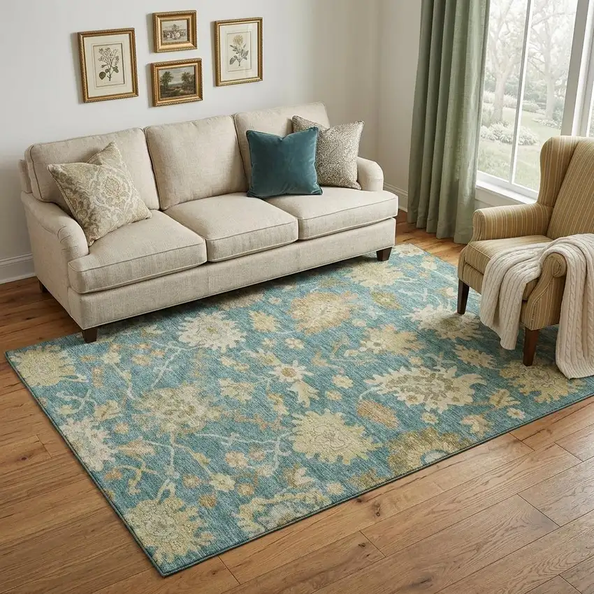 Teal Beige And Copper Floral Medallion Washable Area Rug With UV Protection Photo 1