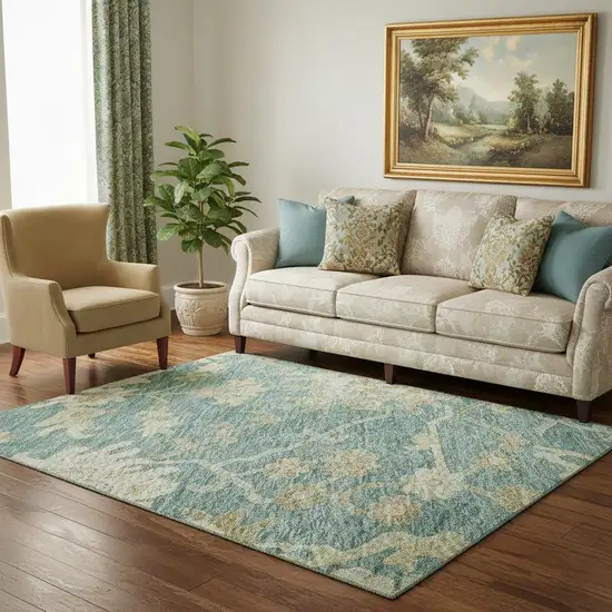Teal Beige And Copper Floral Medallion Washable Area Rug With UV Protection Photo 2