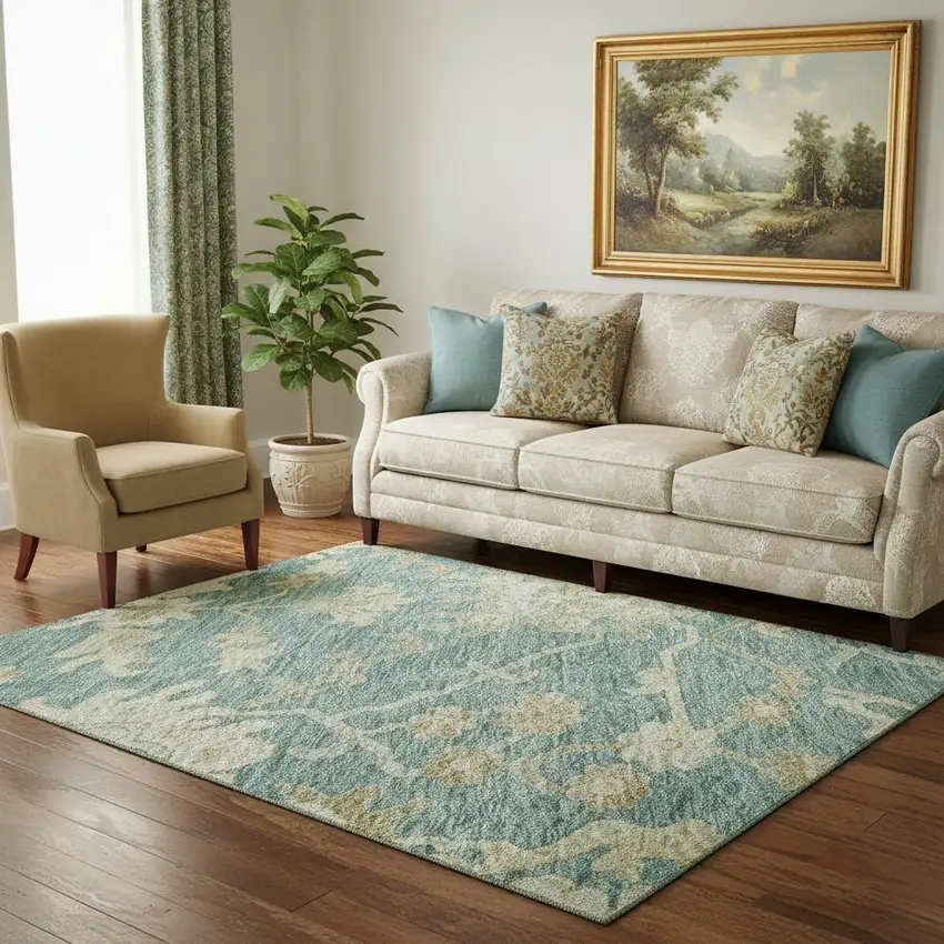 Teal Beige And Copper Floral Medallion Washable Area Rug With UV Protection Photo 2