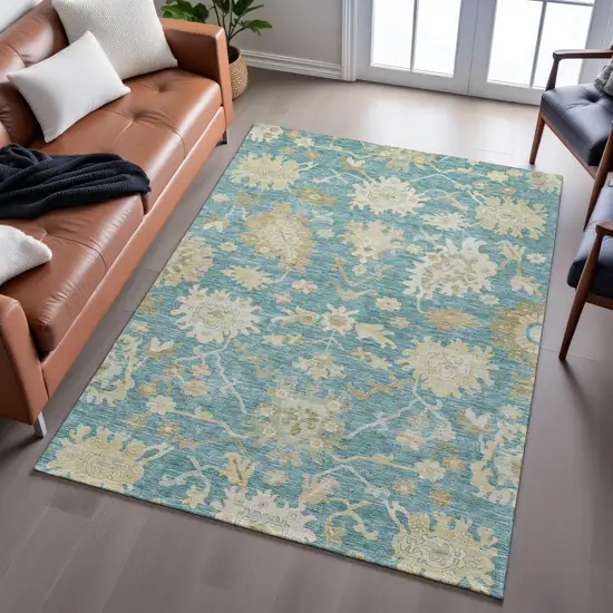 Teal Beige And Copper Floral Medallion Washable Area Rug With UV Protection Photo 3