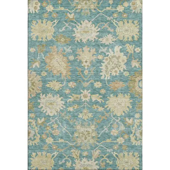 Teal Beige And Copper Floral Medallion Washable Area Rug With UV Protection Photo 4
