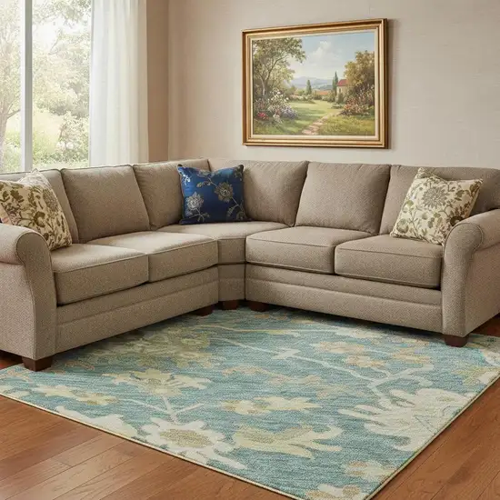 Teal Beige And Copper Floral Medallion Washable Area Rug With UV Protection Photo 2