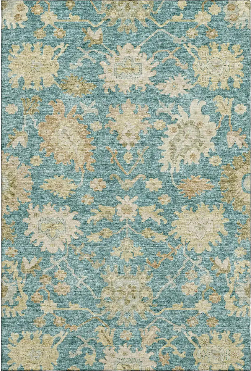 Teal Beige And Copper Floral Medallion Washable Area Rug With UV Protection Photo 5