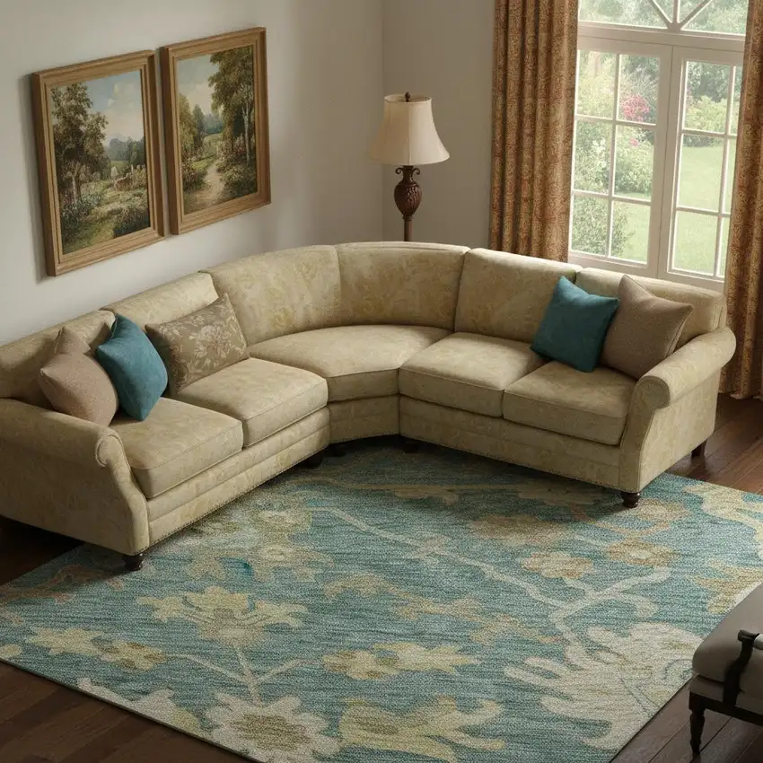 Teal Beige And Copper Floral Medallion Washable Area Rug With UV Protection Photo 2