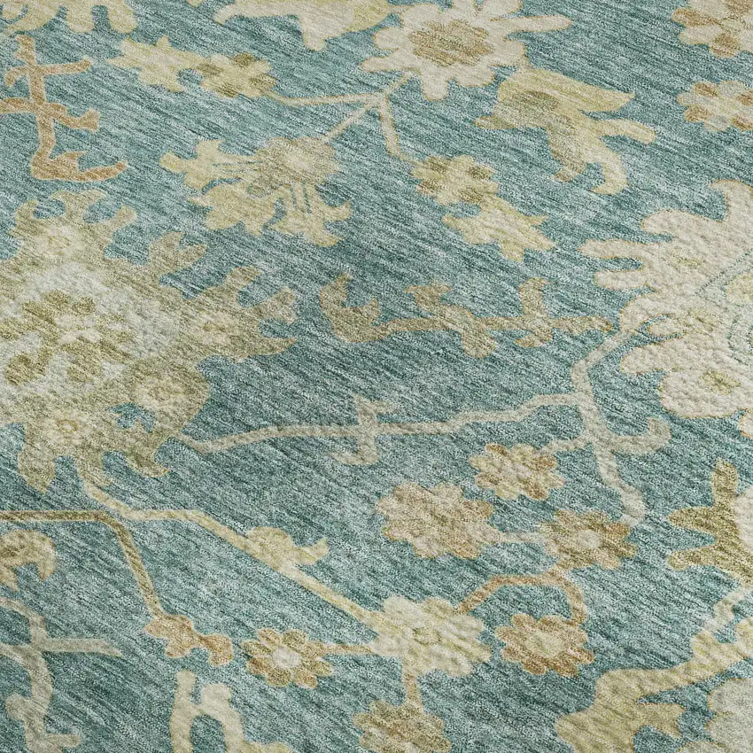 Teal Beige And Copper Floral Medallion Washable Area Rug With UV Protection Photo 2