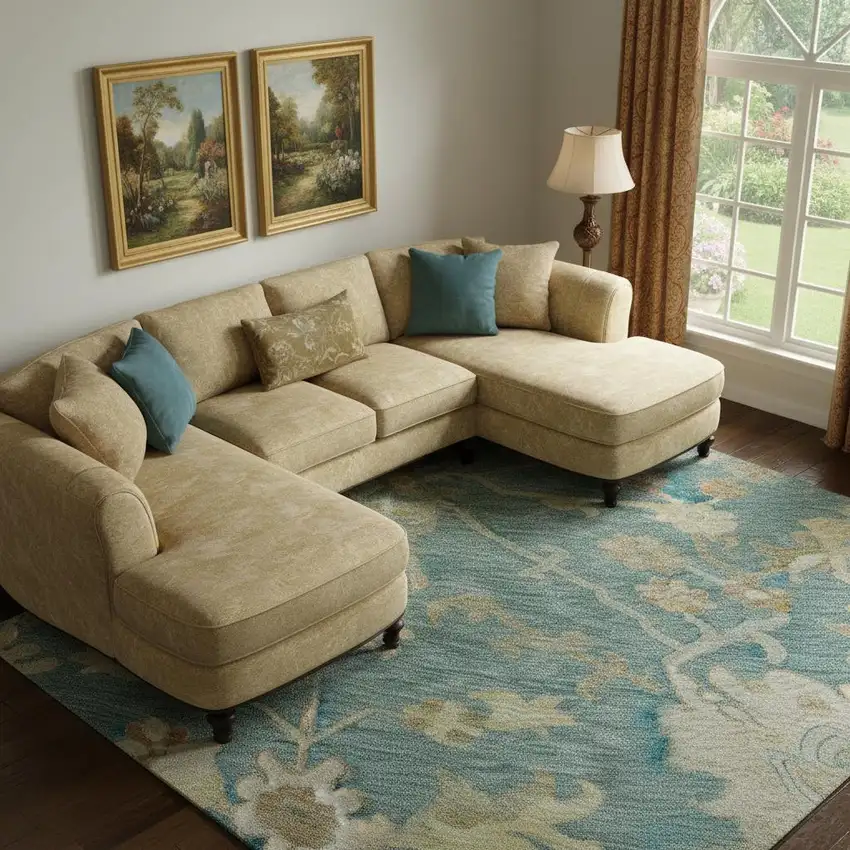 Teal Beige And Copper Floral Medallion Washable Area Rug With UV Protection Photo 2