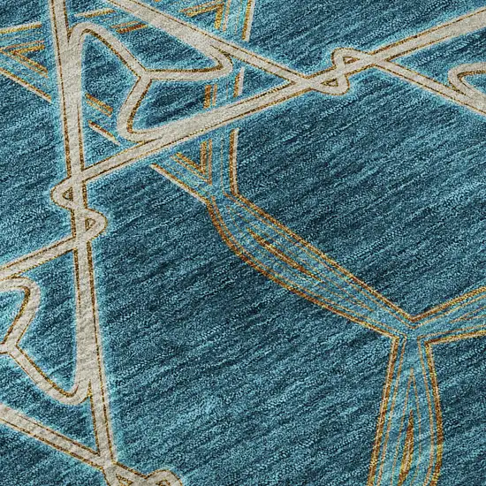 Teal Beige And Copper Geometric Washable Area Rug With UV Protection Photo 9