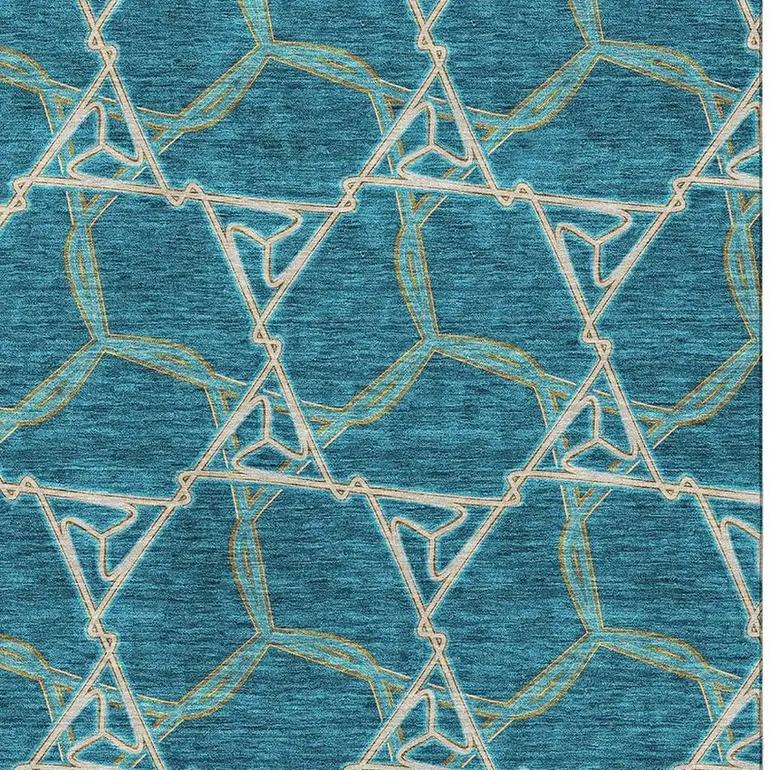 Teal Beige And Copper Geometric Washable Area Rug With UV Protection Photo 2