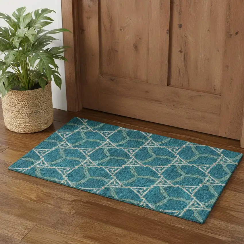 Teal Beige And Copper Geometric Washable Area Rug With UV Protection Photo 1