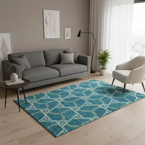 Teal Beige And Copper Geometric Washable Area Rug With UV Protection Photo 2