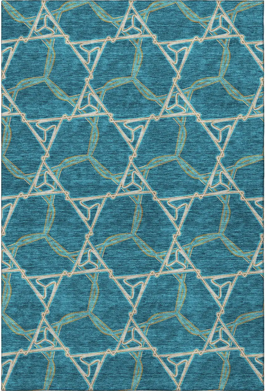 Teal Beige And Copper Geometric Washable Area Rug With UV Protection Photo 3