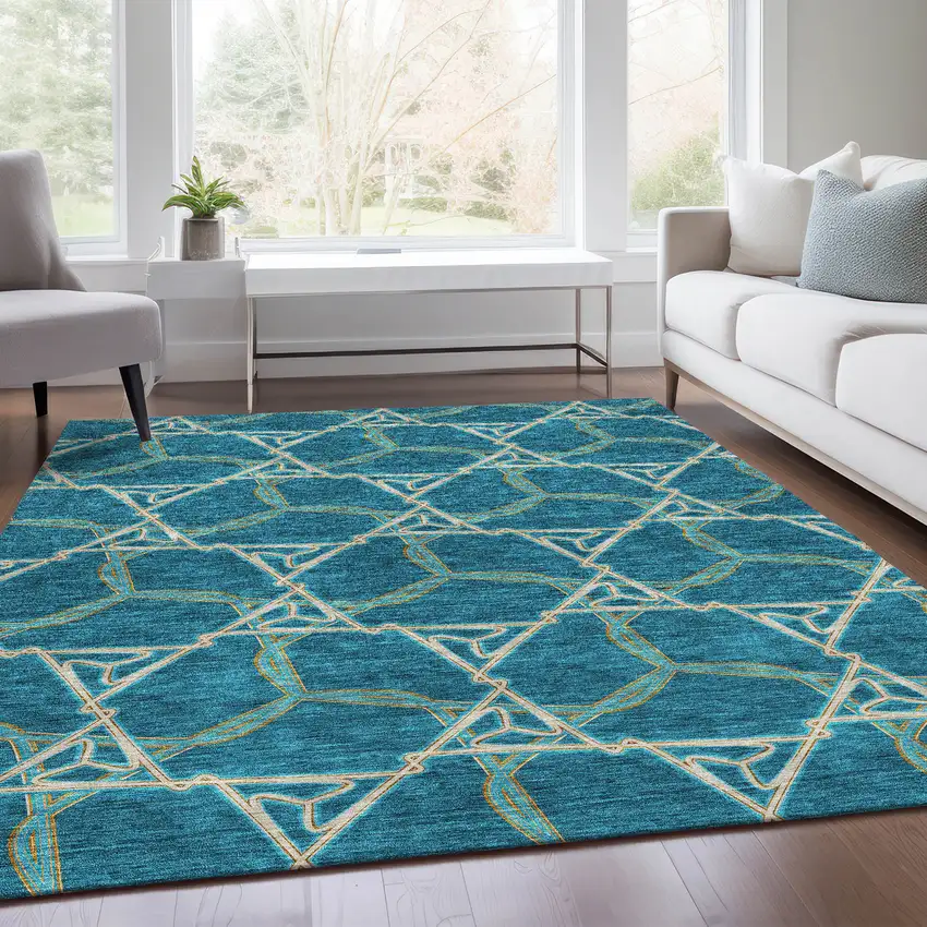 Teal Beige And Copper Geometric Washable Area Rug With UV Protection Photo 5