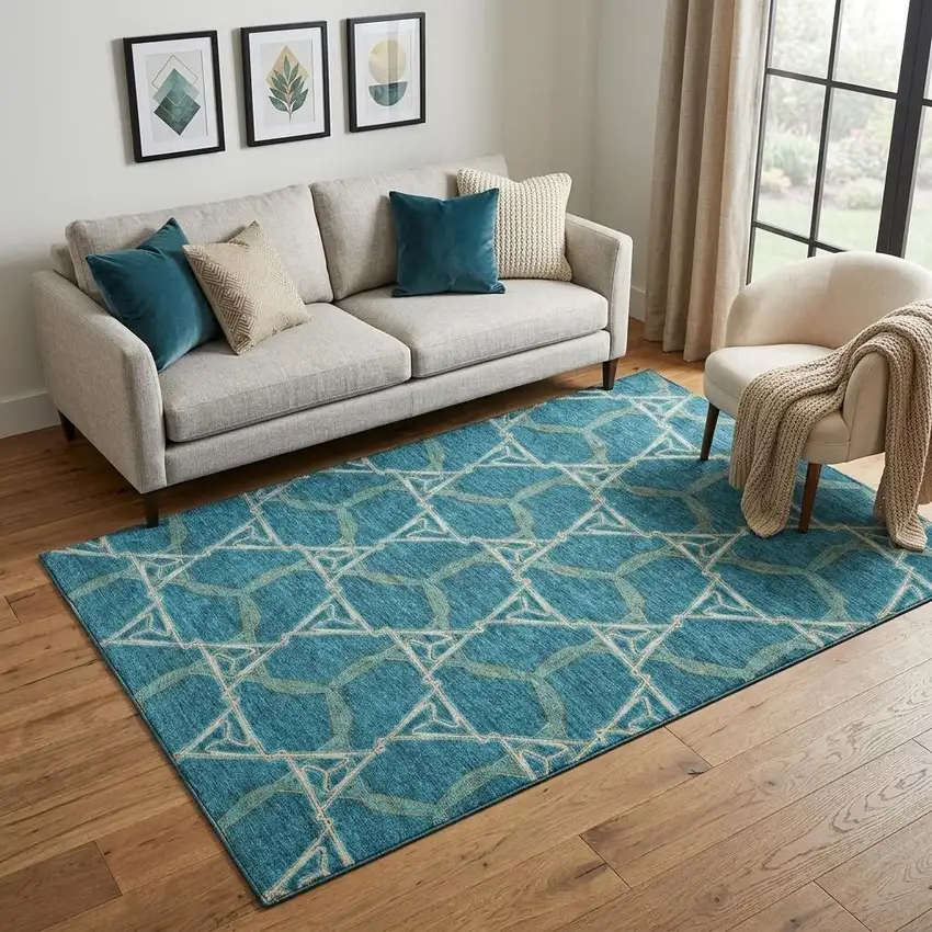 Teal Beige And Copper Geometric Washable Area Rug With UV Protection Photo 1