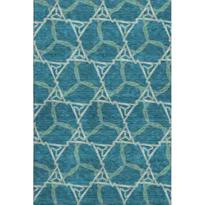 Photo of Teal Beige And Copper Geometric Washable Area Rug With UV Protection