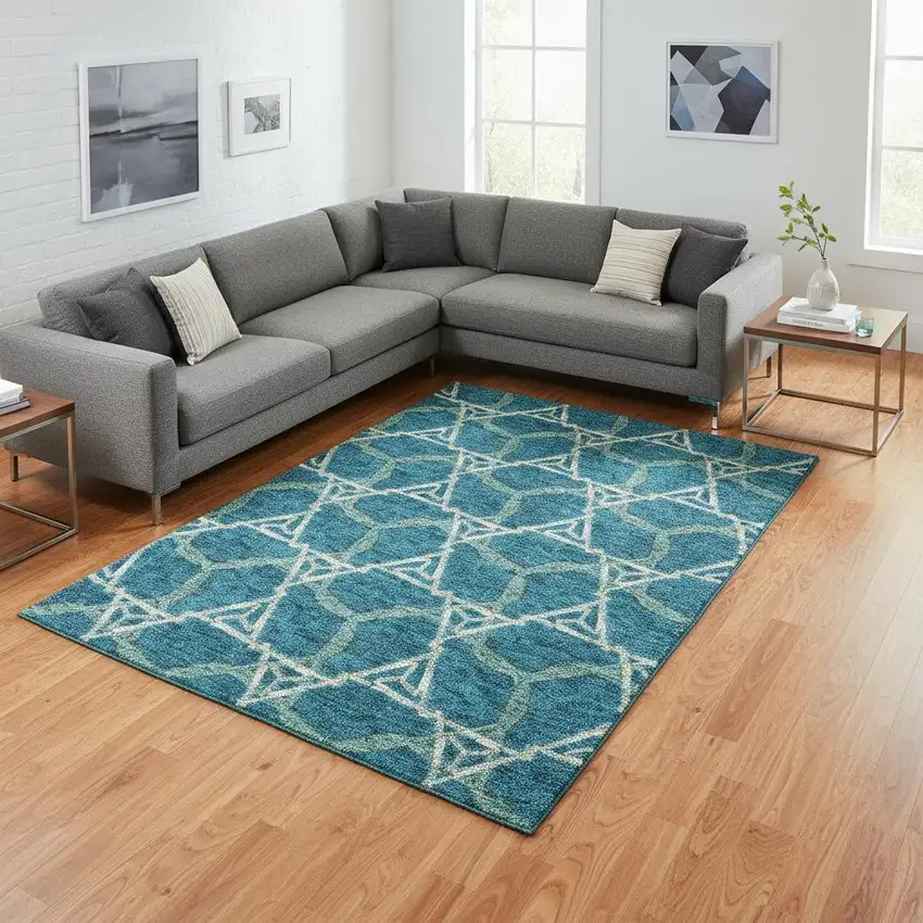 Teal Beige And Copper Geometric Washable Area Rug With UV Protection Photo 2