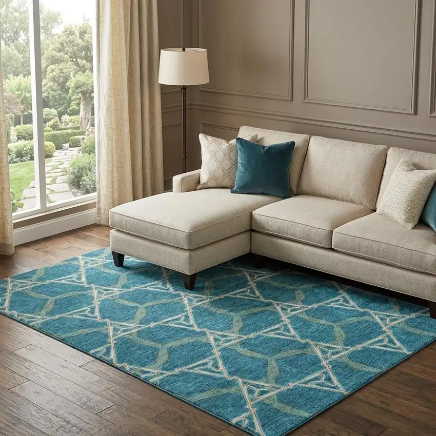 Teal Beige And Copper Geometric Washable Area Rug With UV Protection Photo 1