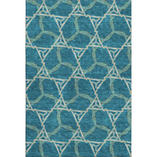 Teal Beige And Copper Geometric Washable Area Rug With UV Protection Photo 1