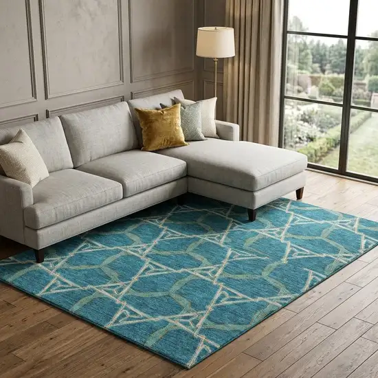 Teal Beige And Copper Geometric Washable Area Rug With UV Protection Photo 1