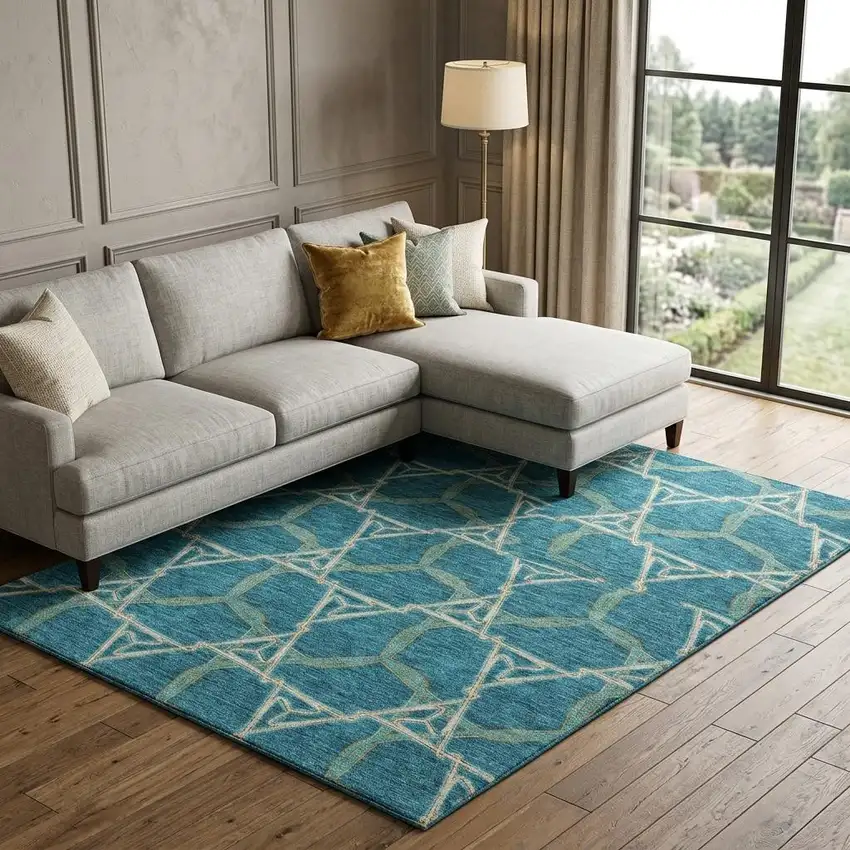 Teal Beige And Copper Geometric Washable Area Rug With UV Protection Photo 1