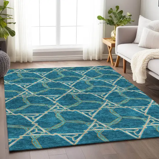 Teal Beige And Copper Geometric Washable Area Rug With UV Protection Photo 4