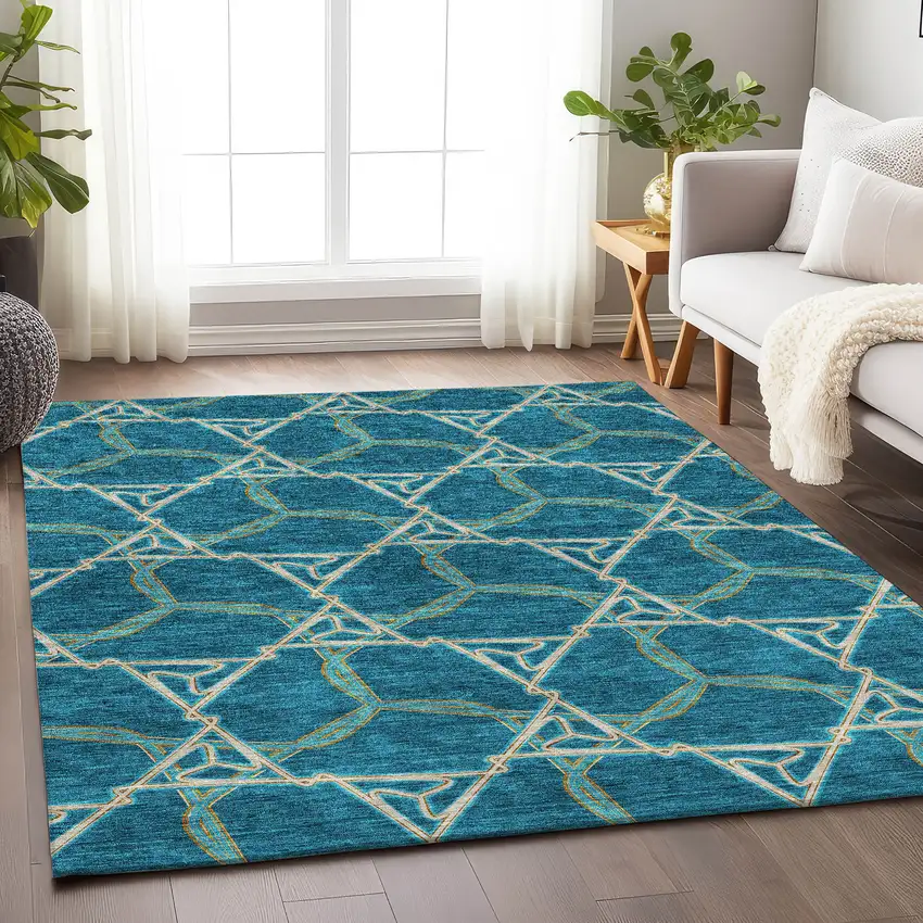 Teal Beige And Copper Geometric Washable Area Rug With UV Protection Photo 4