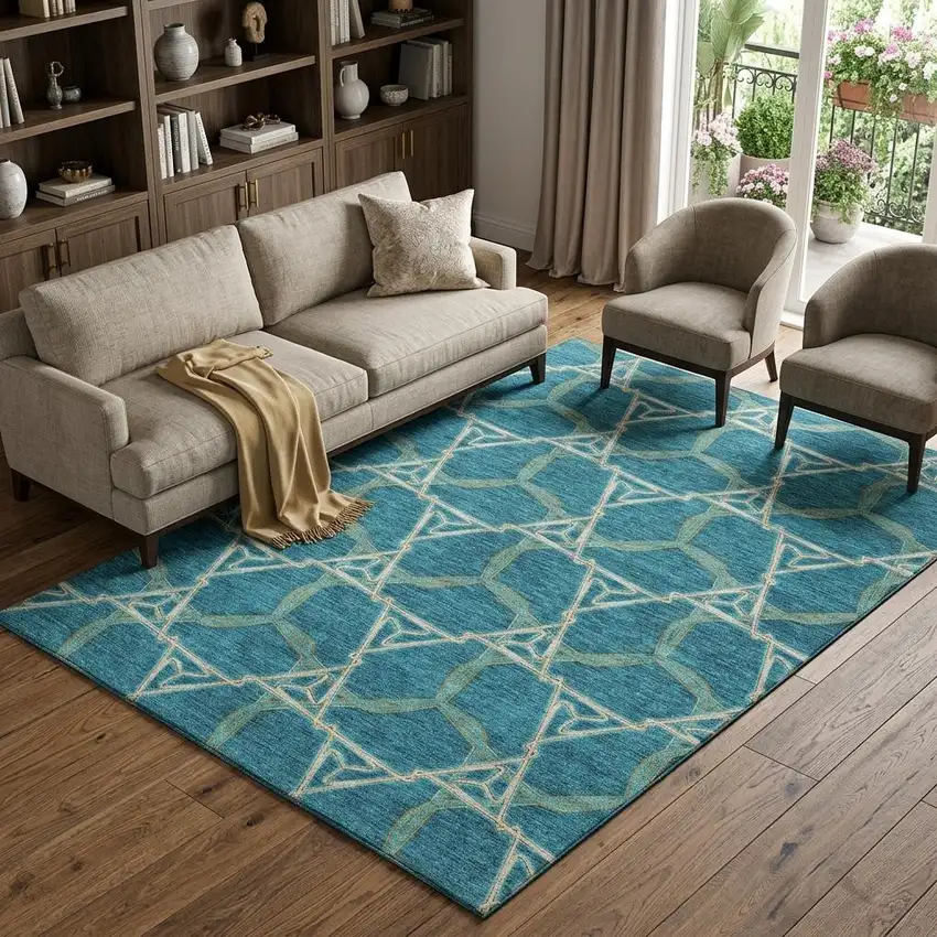 Teal Beige And Copper Geometric Washable Area Rug With UV Protection Photo 1