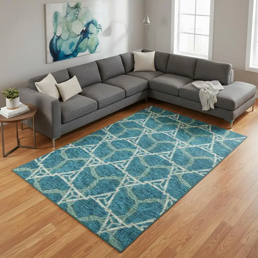 Teal Beige And Copper Geometric Washable Area Rug With UV Protection Photo 2