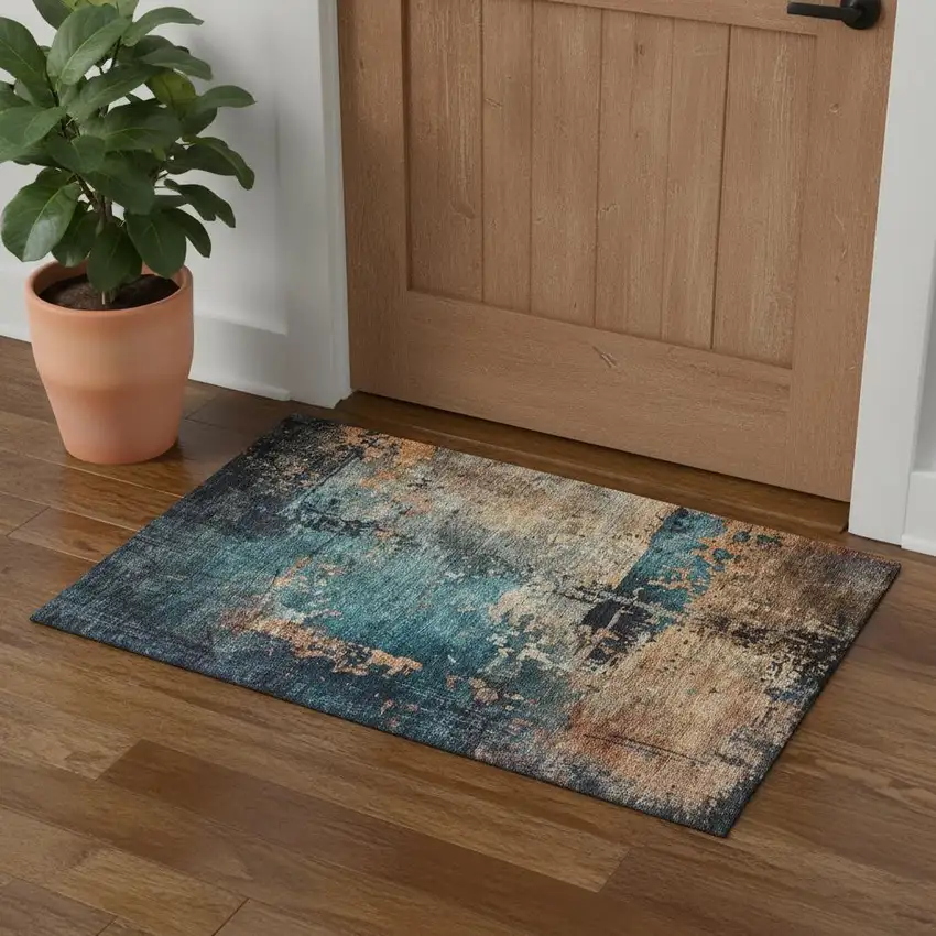 Teal Beige And Gray Abstract Washable Area Rug With UV Protection Photo 1