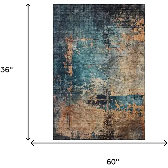 Teal Beige And Gray Abstract Washable Area Rug With UV Protection Photo 3