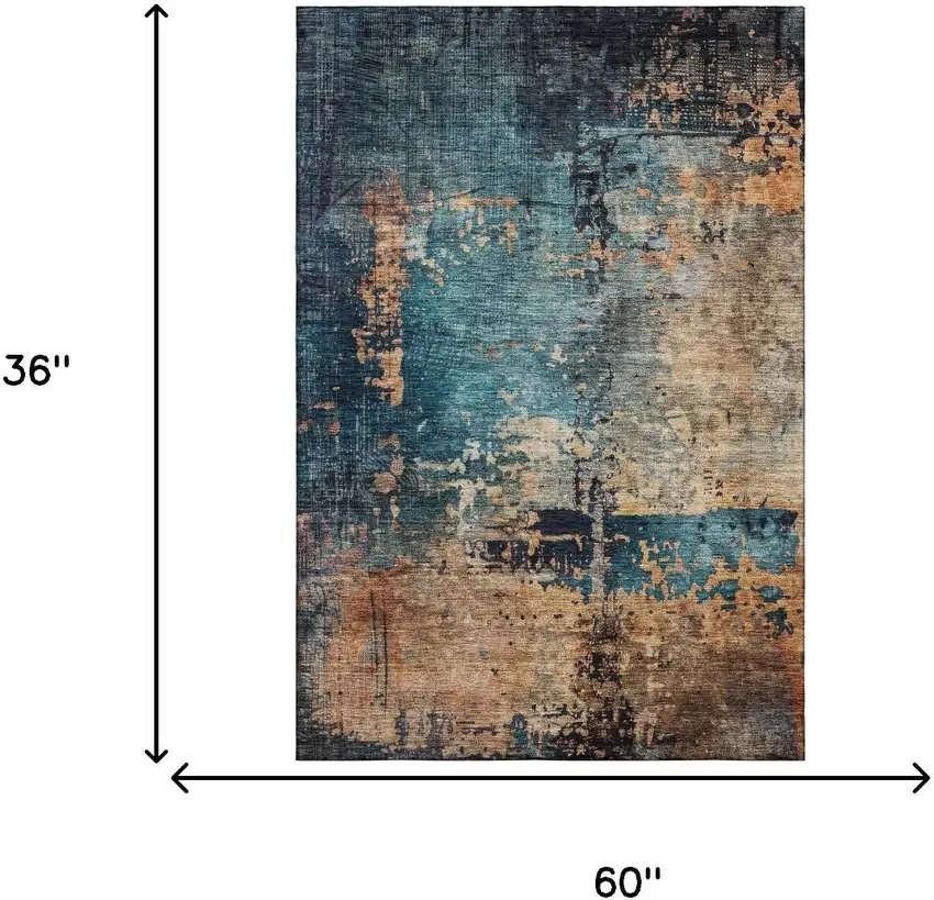 Teal Beige And Gray Abstract Washable Area Rug With UV Protection Photo 3