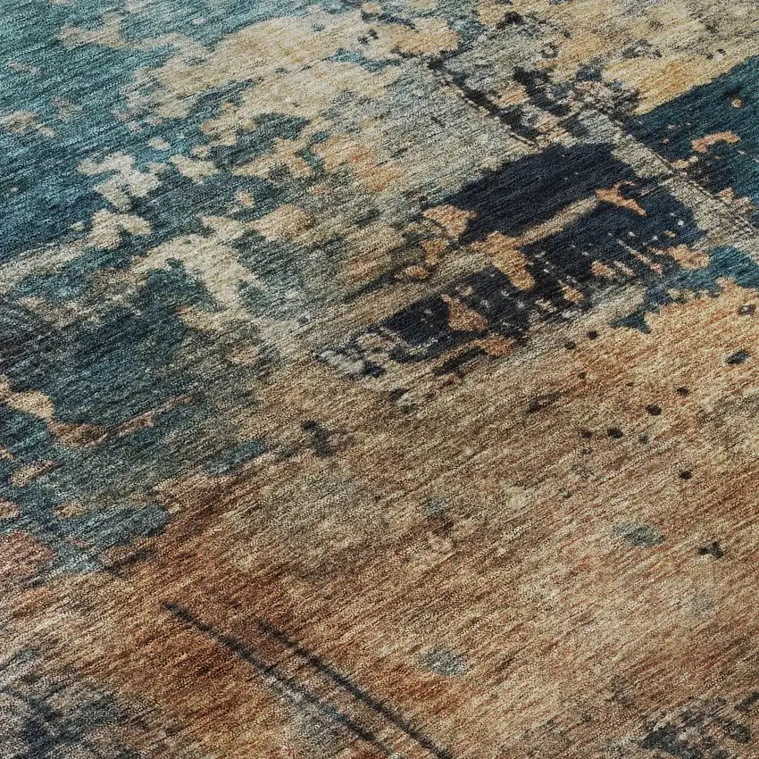 Teal Beige And Gray Abstract Washable Area Rug With UV Protection Photo 1