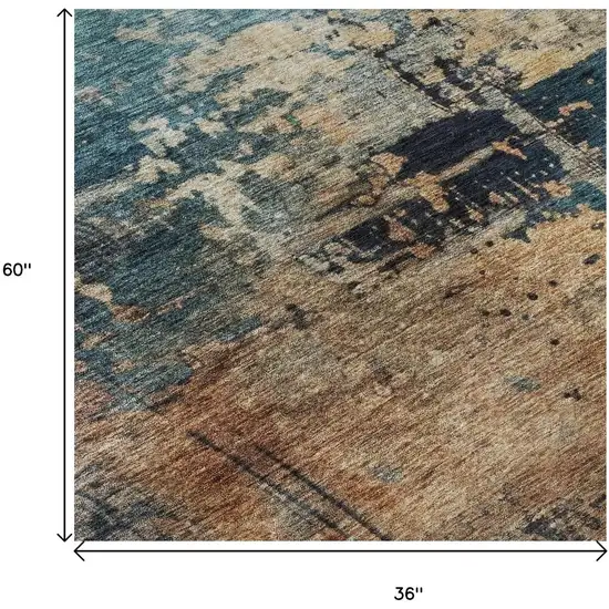 Teal Beige And Gray Abstract Washable Area Rug With UV Protection Photo 8