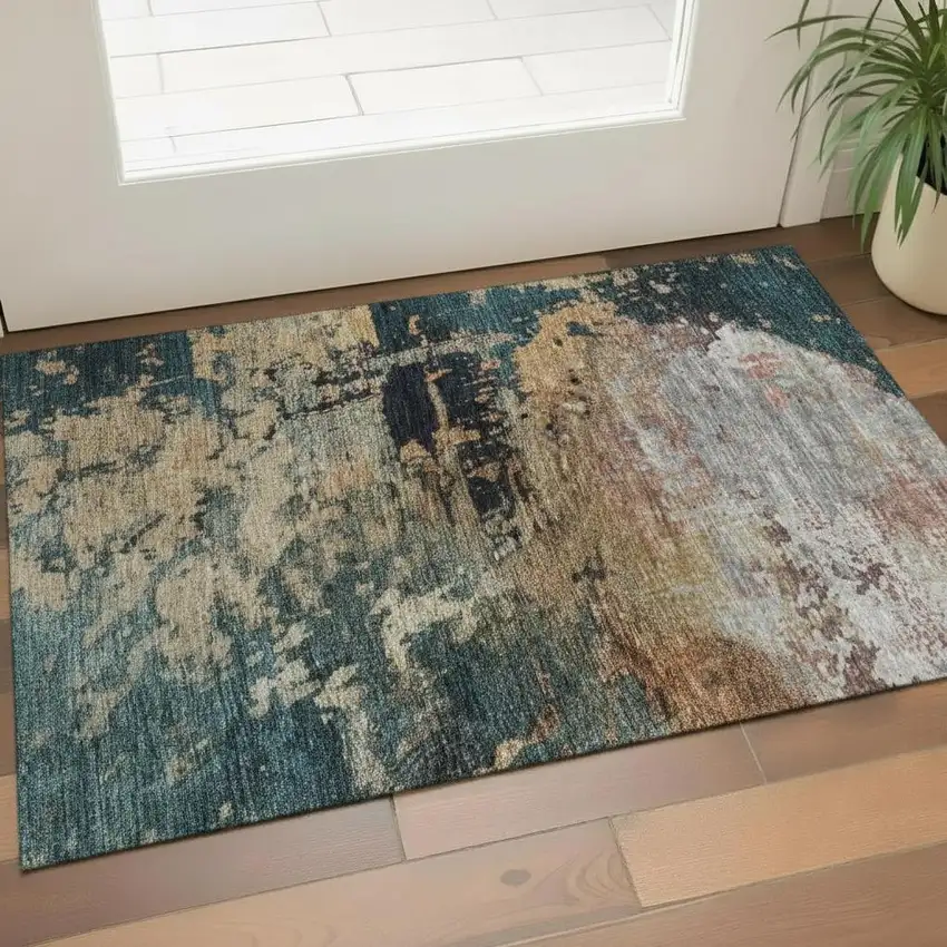 Teal Beige And Gray Abstract Washable Area Rug With UV Protection Photo 2