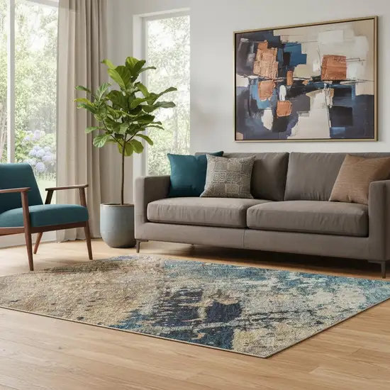 Teal Beige And Gray Abstract Washable Area Rug With UV Protection Photo 2