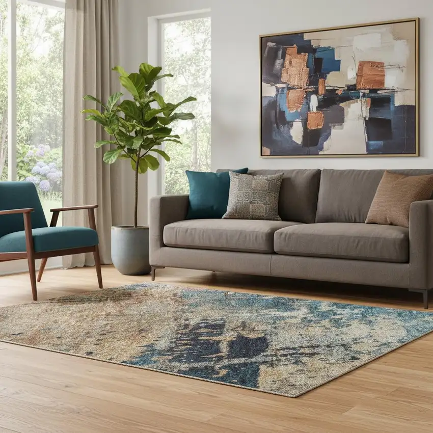 Teal Beige And Gray Abstract Washable Area Rug With UV Protection Photo 2