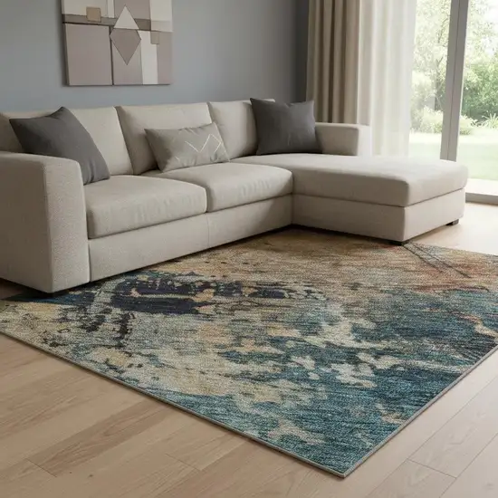Teal Beige And Gray Abstract Washable Area Rug With UV Protection Photo 2