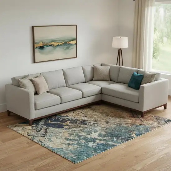 Teal Beige And Gray Abstract Washable Area Rug With UV Protection Photo 2