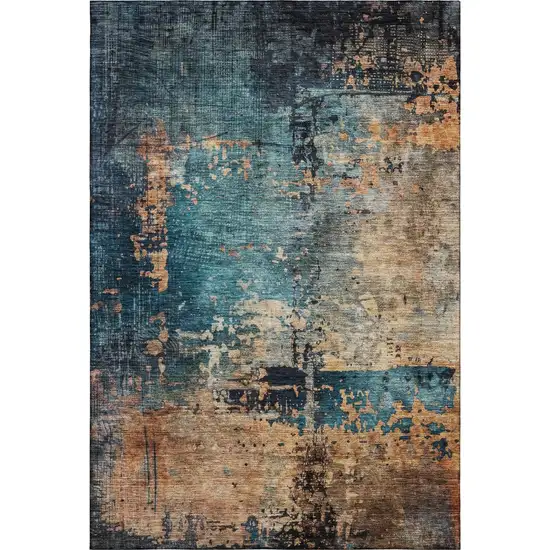 Teal Beige And Gray Abstract Washable Area Rug With UV Protection Photo 5