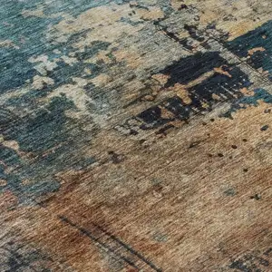 Photo of Teal Beige And Gray Abstract Washable Area Rug With UV Protection