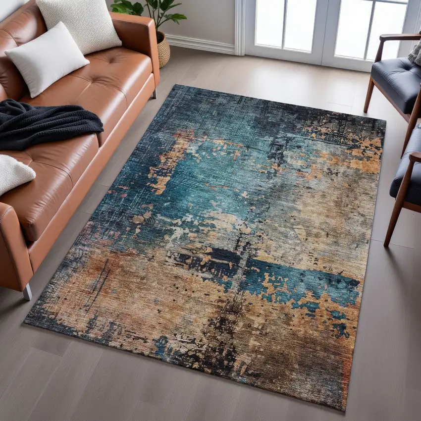 Teal Beige And Gray Abstract Washable Area Rug With UV Protection Photo 4