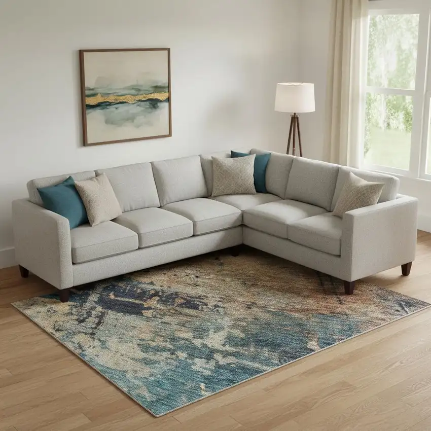 Teal Beige And Gray Abstract Washable Area Rug With UV Protection Photo 2