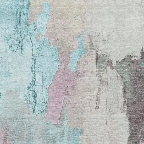 Teal Beige And Gray Abstract Washable Area Rug With UV Protection Photo 3